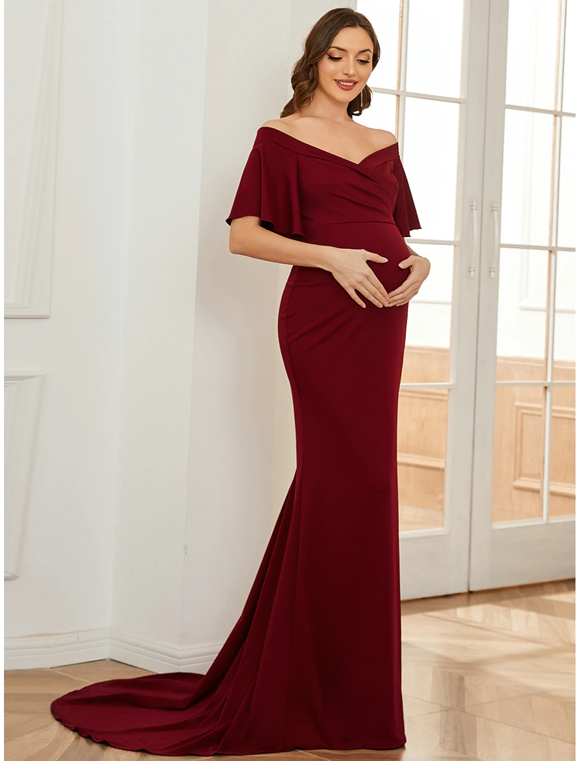 Mermaid / Trumpet Maternity Dresses Maternity Dress Formal Wedding Party Court Train Short Sleeve Off Shoulder Stretch Fabric with Ruched Pure Color