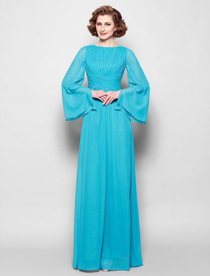 A-Line Mother of the Bride Dress Vintage Inspired Bateau Neck Floor Length Chiffon Long Sleeve No with Pleats