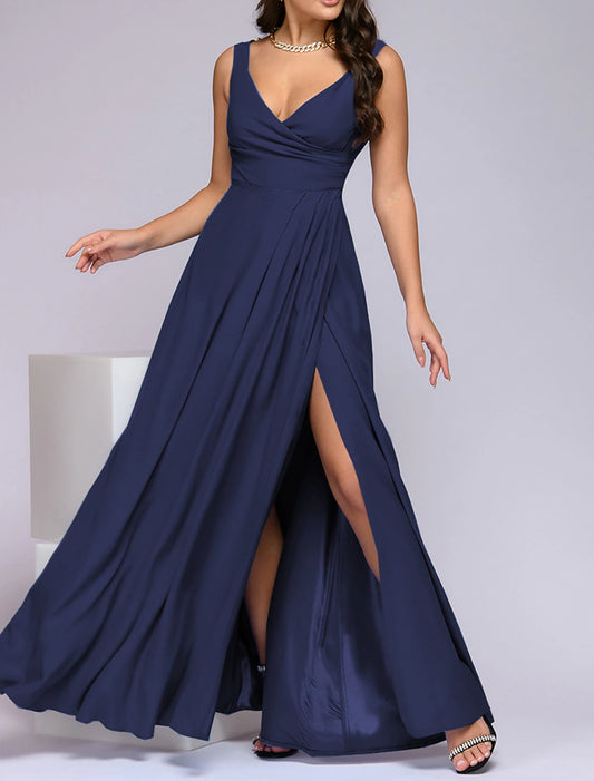 A-Line Bridesmaid Dress V Neck Sleeveless Elegant Floor Length Spandex with Split Front / Ruching