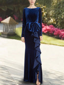 Mermaid / Trumpet Evening Gown Elegant Dress Wedding Guest Prom Floor Length Long Sleeve Jewel Neck Velvet with Bow(s) Ruffles