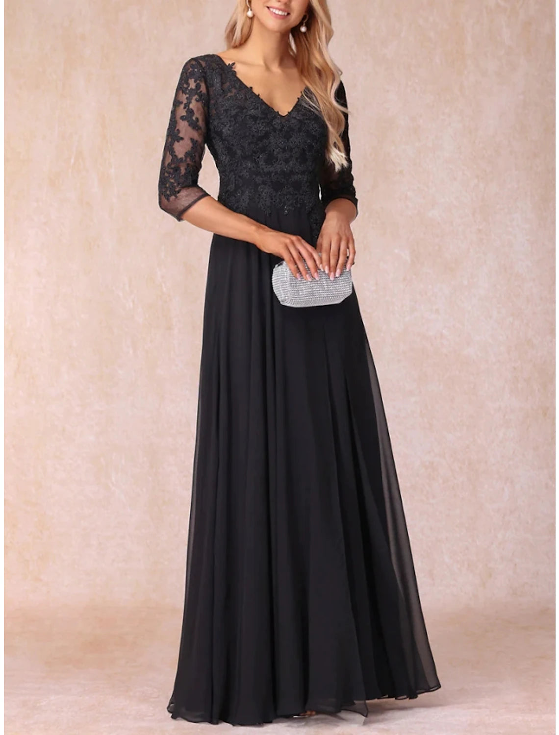 A-Line Mother of the Bride Dress Wedding Guest Elegant V Neck Floor Length Chiffon Lace 3/4 Length Sleeve with Ruching Solid Color