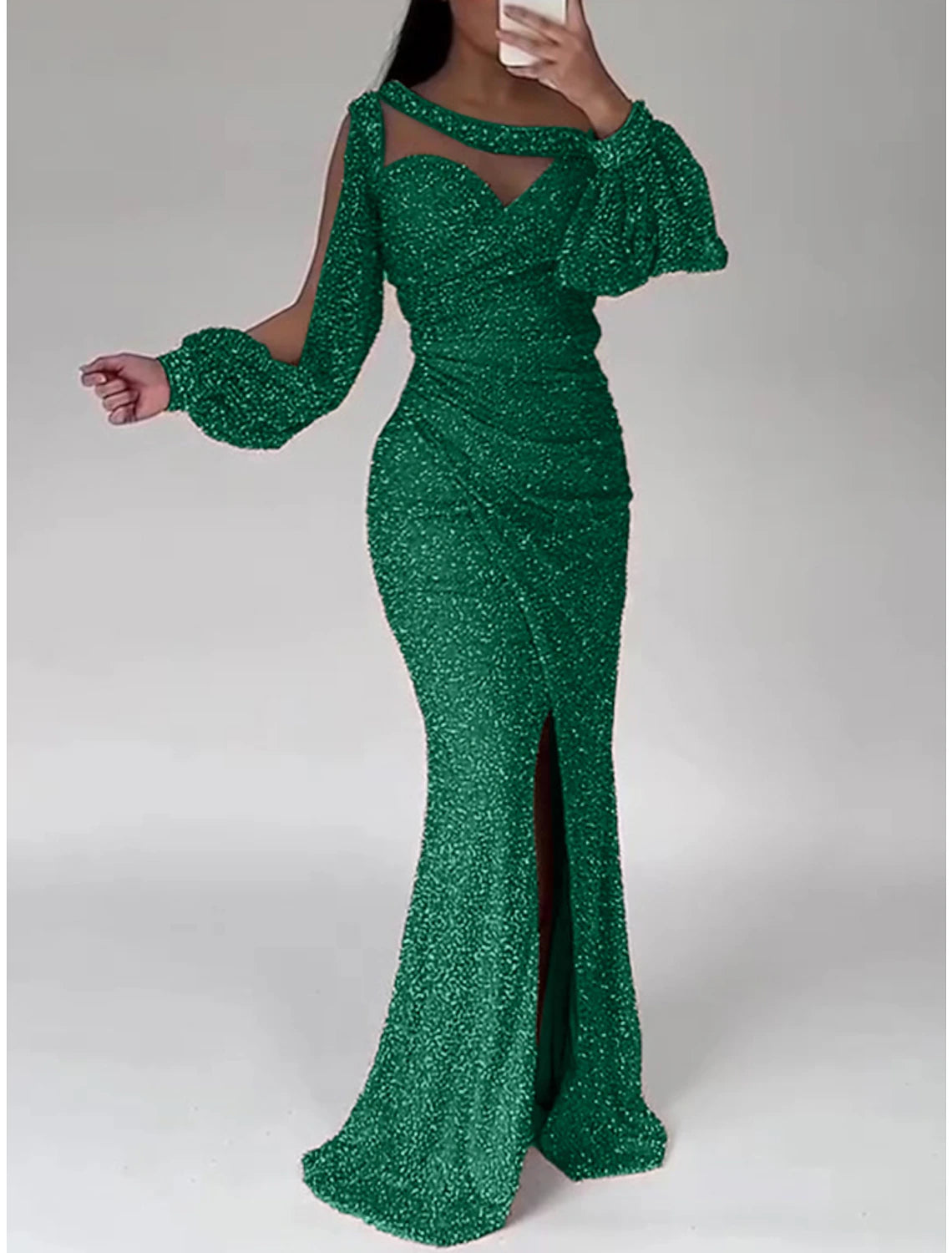 Mermaid Dress Evening Gown Christmas Red Green Dress Formal Sweep / Brush Train Long Sleeve Scoop Neck Sequined with Glitter Ruched Slit