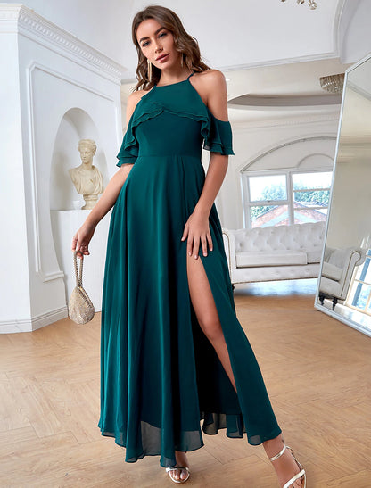 A-Line Elegant Vintage Party Wear Formal Evening Dress Spaghetti Strap Short Sleeve Ankle Length Chiffon with Ruffles Slit Pure Color