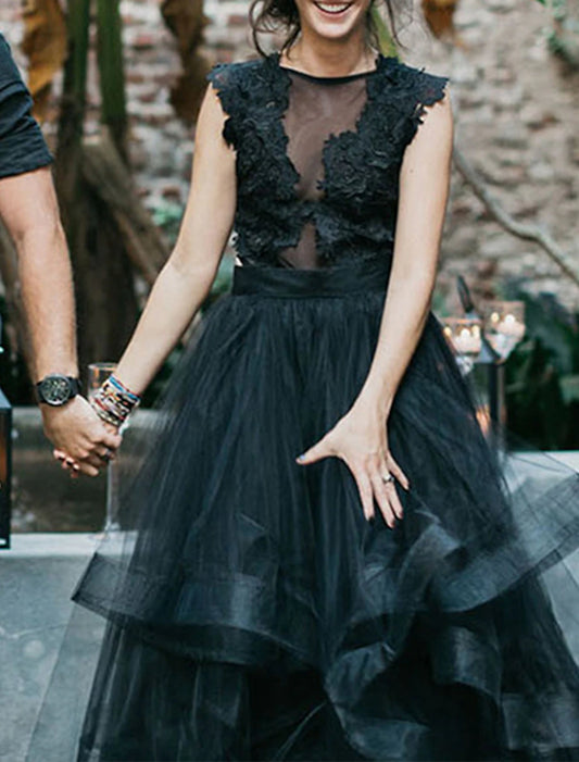 Engagement Gothic Black Wedding Dresses Formal Fall A-Line Illusion Neck Sleeveless Sweep / Brush Train Lace Bridal Gowns With Appliques Cascading Ruffles Summer Halloween Wedding Party