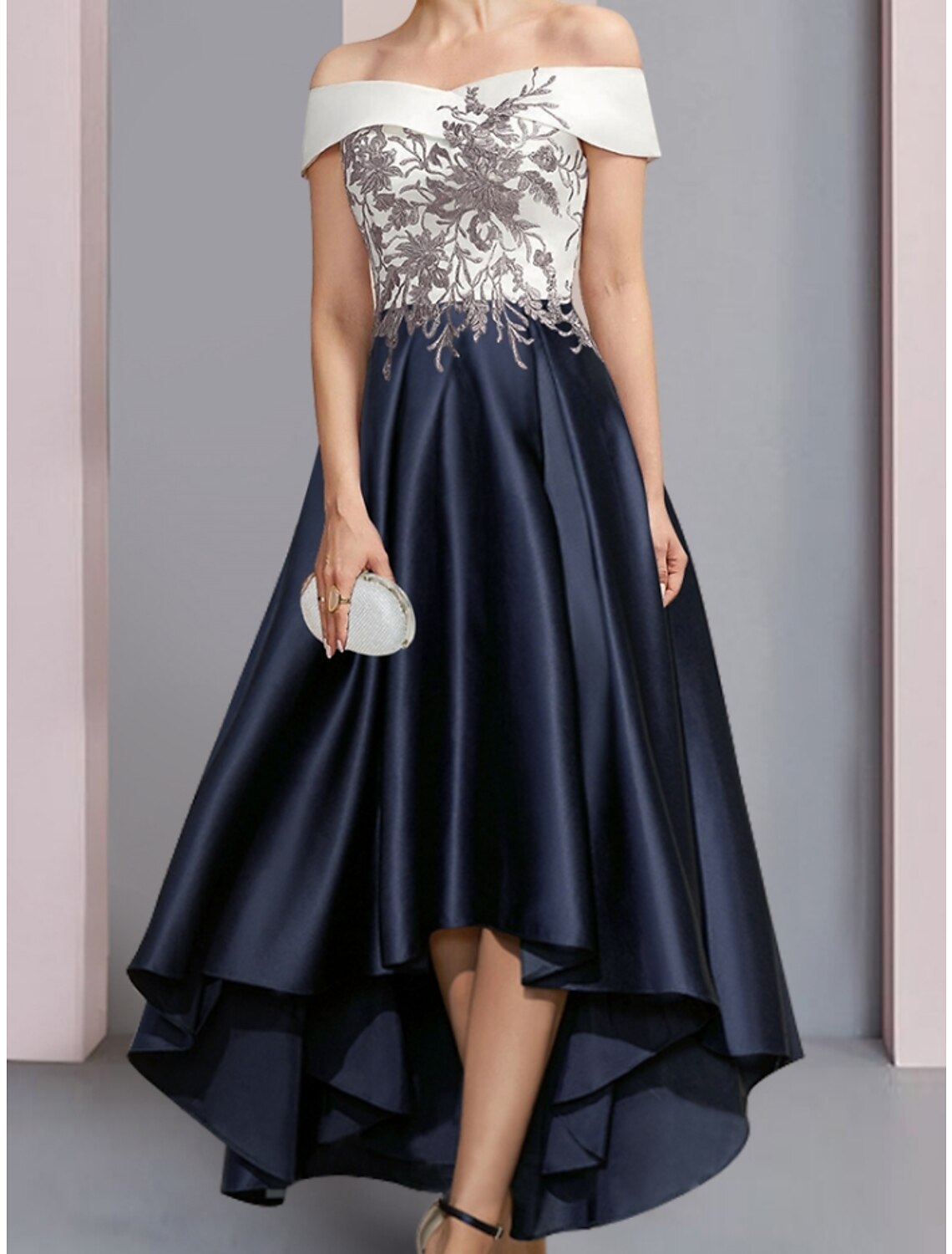 A-Line Mother of the Bride Dress Wedding Guest Elegant Off Shoulder Asymmetrical Ankle Length Satin Lace Short Sleeve with Ruching