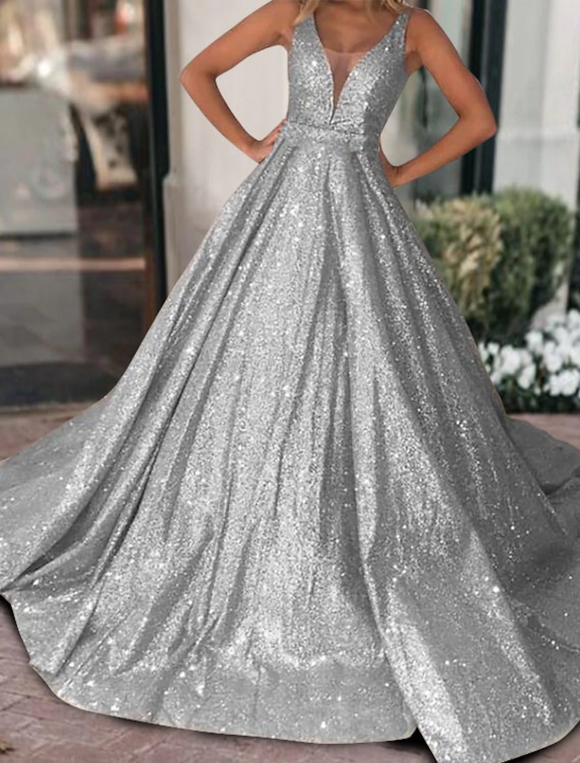 Ball Gown Glitter Prom Black Dress Luxurious Tulle Sparkly Dress For Wedding Party Quinceanera Sweep / Brush Train Sleeveless V Neck Tulle V Back with Sequin