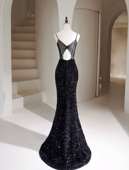 Mermaid Cultivate oneself Simple Velvet Sequin Black Long Prom Dress Elegant Temperament Party Dress