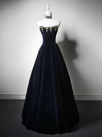 A-Line Prom Dress Fashion Simple Autumn Winter Velvet Dark Blue Bead string Long Temperament Dress