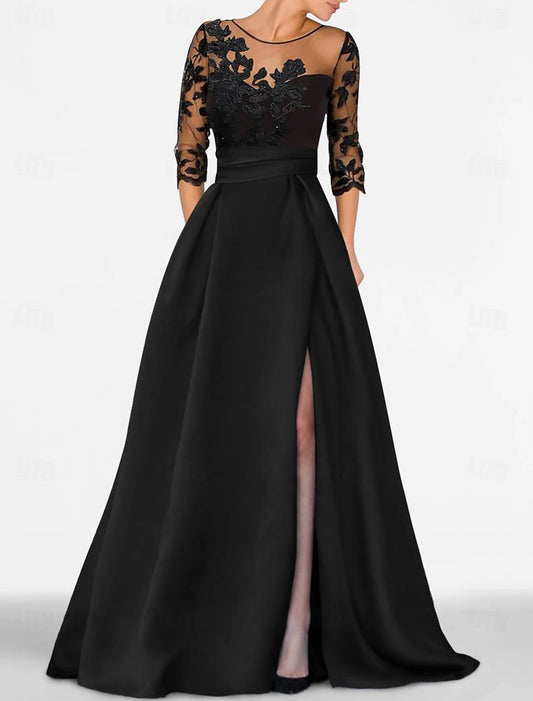 Elegant Wedding Guest Floor Length 3/4 Length Sleeve Jewel Neck Satin with Beading Appliques Evening Dress