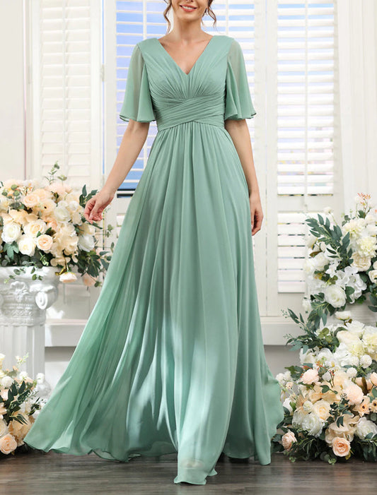 A-Line Bridesmaid Dress V Neck Short Sleeve Elegant Floor Length Chiffon with Split Front