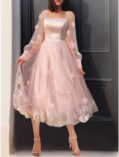 Ball Gown A-Line Homecoming Dresses Floral Dress Cocktail Party Tea Length Long Sleeve Off Shoulder Tulle Ladder Back with Butterfly