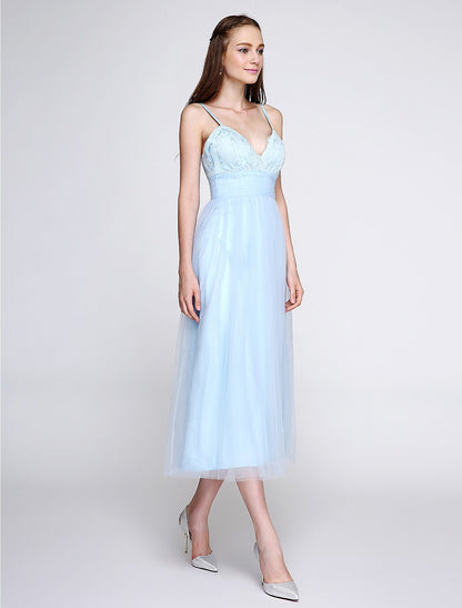 A-Line Spaghetti Strap Tea Length Lace / Tulle Bridesmaid Dress with Lace