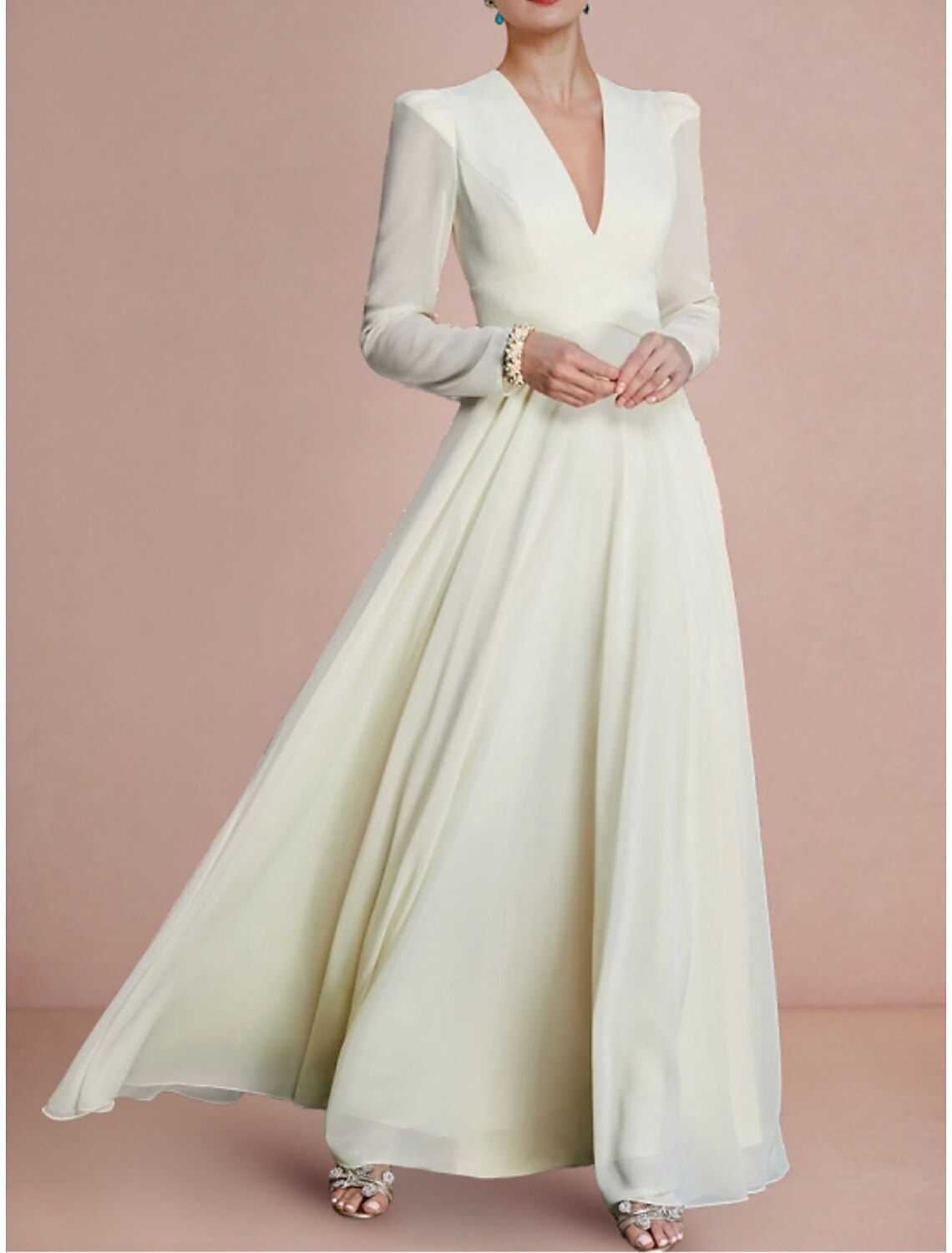 Wedding Dresses A-Line V Neck Long Sleeve Ankle Length Chiffon Bridal Gowns With Pleats Solid Color