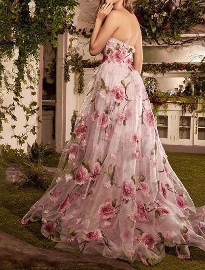 A-Line Prom Dresses Floral Dress Wedding Guest Wedding Party Court Train Sleeveless Strapless Organza with Slit Appliques