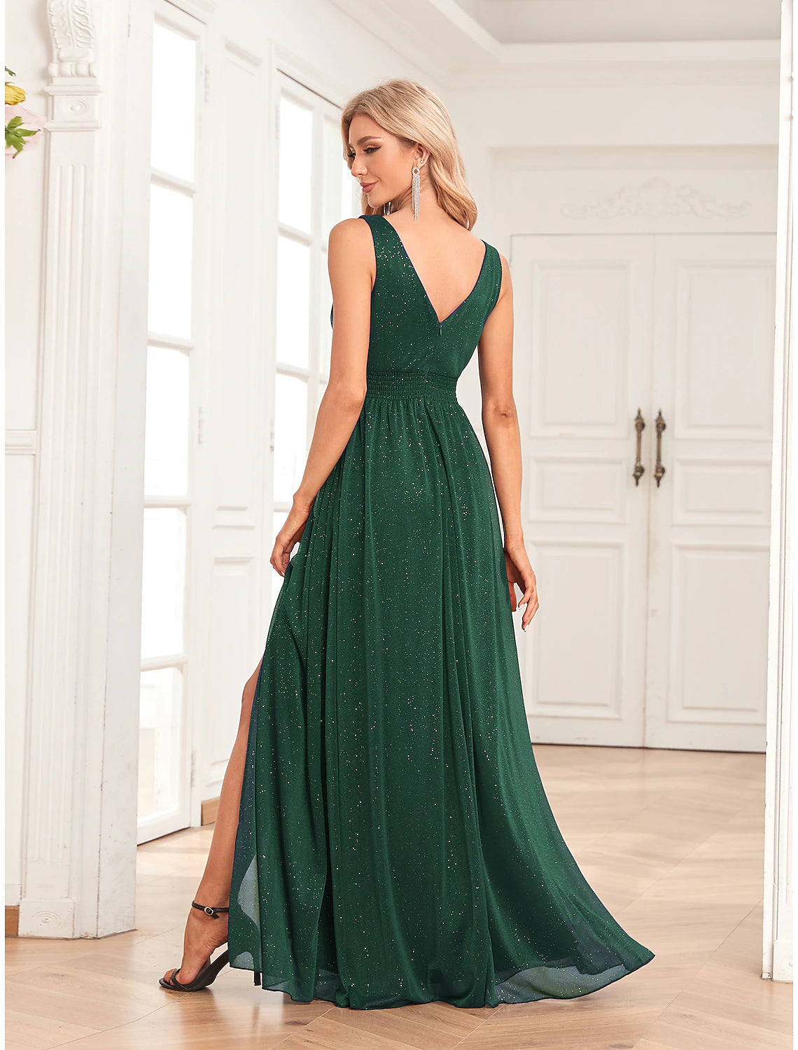 A-Line Evening Gown Empire Dress Party Wear Floor Length Sleeveless V Neck Spandex V Back with Glitter Slit