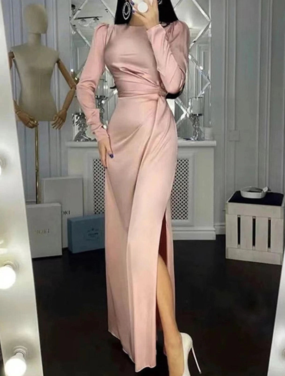 Sheath Party Dress Evening Gown Elegant Dress Wedding Guest Fall Floor Length Long Sleeve High Neck Bridesmaid Dress Satin with Ruched