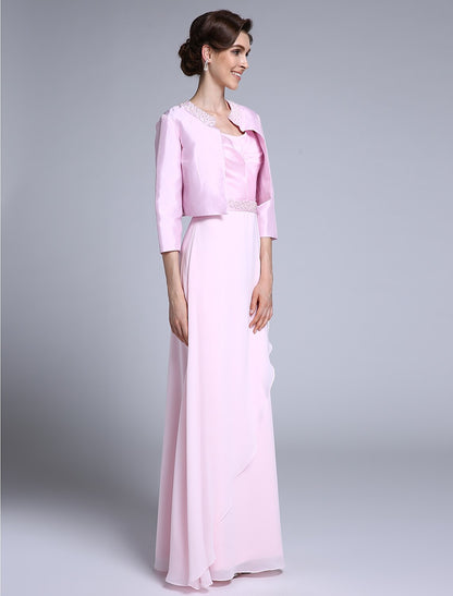 Sheath / Column Mother of the Bride Dress Scoop Neck Floor Length Chiffon 3/4 Length Sleeve No with Beading