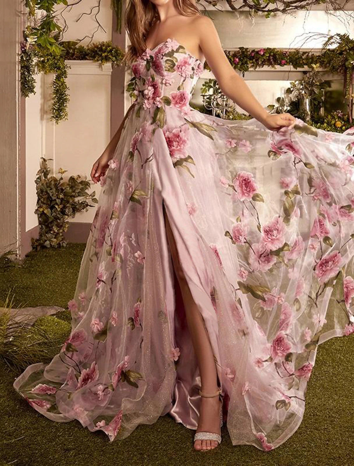 A-Line Prom Dresses Floral Dress Wedding Guest Wedding Party Court Train Sleeveless Strapless Organza with Slit Appliques