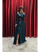 A-Line Evening Gown High Split Dress Formal Fall Sweep / Brush Train Long Sleeve V Neck Stretch Fabric with Pleats Crystals Ruffles