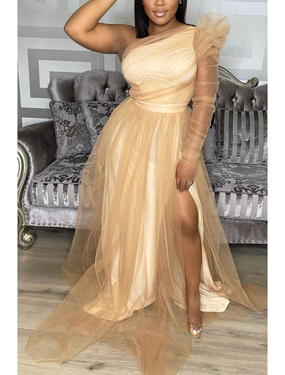 A-Line Prom Dresses Plus Size Dress Wedding Guest Formal Evening Sweep / Brush Train Long Sleeve One Shoulder Wednesday Addams Family Tulle with Slit Pure Color