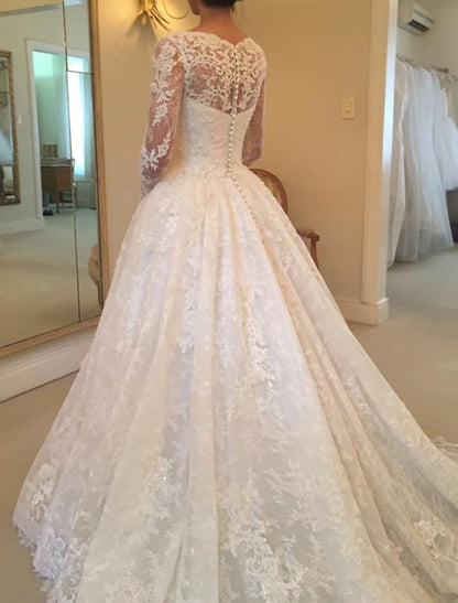 Engagement Formal Fall Wedding Dresses Ball Gown Illusion Neck Long Sleeve Chapel Train Lace Bridal Gowns With Buttons Pearls