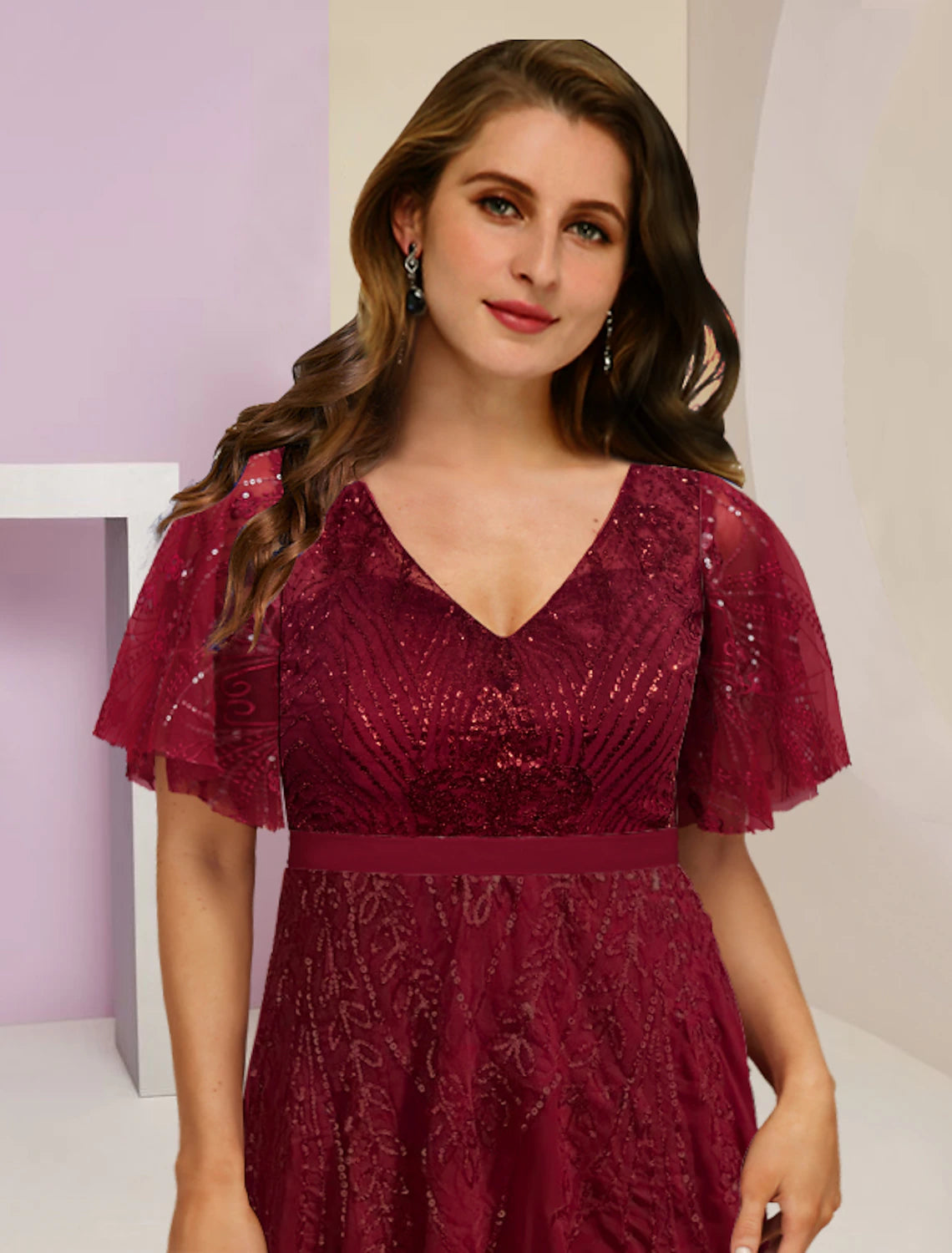 Mother of the Bride Dresses Plus Size Curve Hide Belly Wedding Guest Elegant Sparkle & Shine V Neck Floor Length Chiffon Lace Sequined Short Sleeve with Pleats Split Front