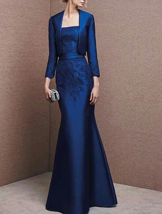 Two Piece Mermaid / Trumpet Mother of the Bride Dress Wedding Guest Elegant Strapless Floor Length Satin Lace 3/4 Length Sleeve with Appliques Solid Color