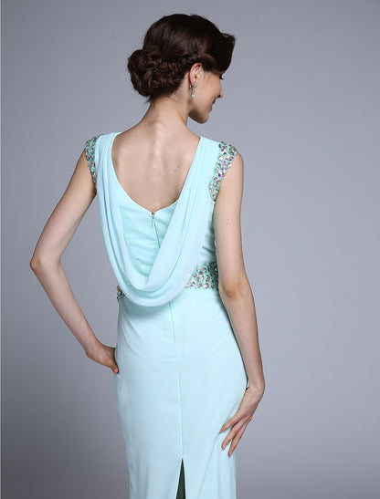 Sheath / Column Mother of the Bride Dress Elegant Bateau Neck Ankle Length Chiffon Sleeveless No with Crystals