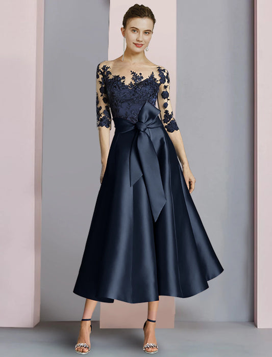 Mother of the Bride Dress Wedding Guest Elegant Party Neck Ankle Length Satin Lace Half Sleeve with