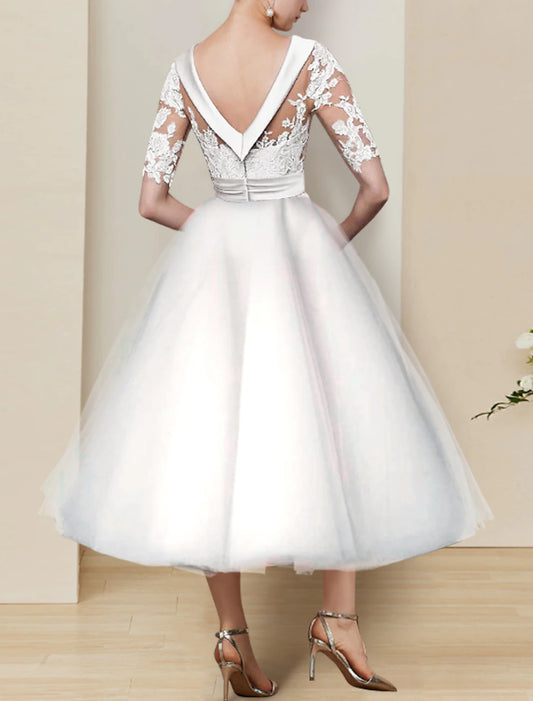 Bridal Shower Little White Dresses Mature Fall Wedding Dresses A-Line Illusion Neck Half Sleeve Tea Length Satin Bridal Gowns With Appliques Solid Color