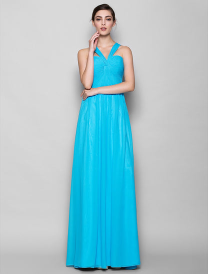 Sheath / Column Bridesmaid Dress Halter Neck Sleeveless Open Back Floor Length Chiffon with Criss Cross