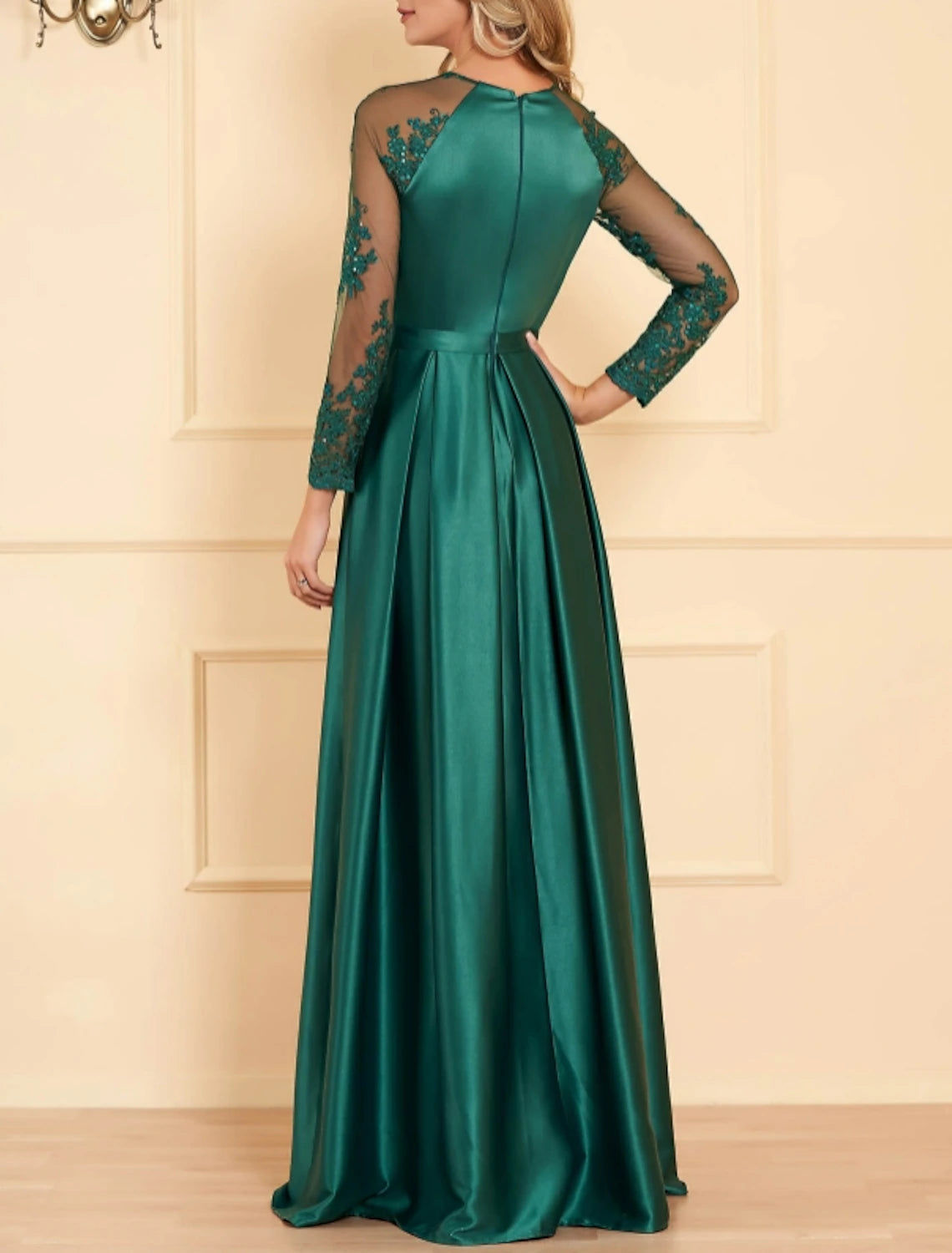 A-Line Evening Gown Empire Dress Christmas Wedding Guest Floor Length Long Sleeve Jewel Neck Satin with Appliques Split Front