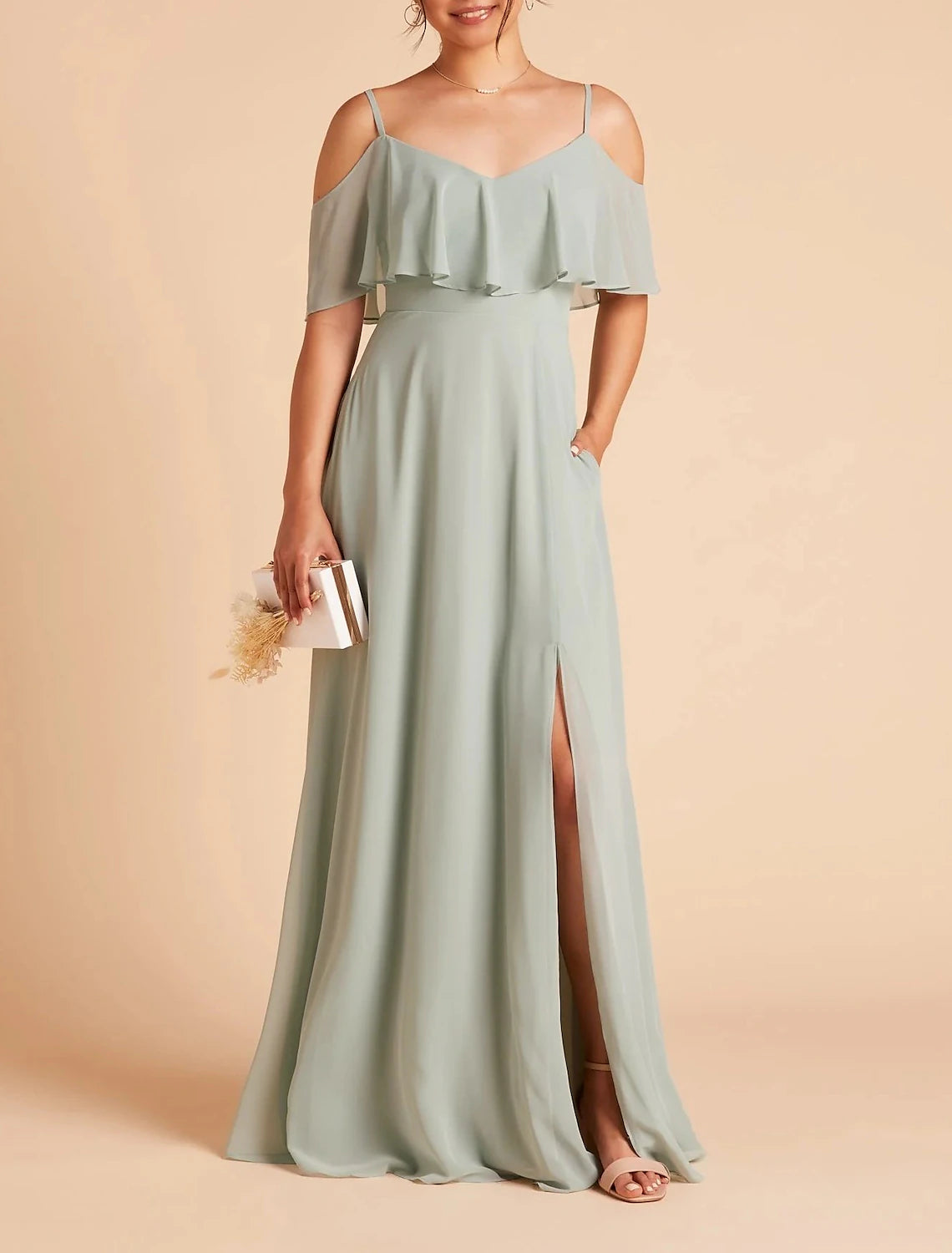 A-Line Bridesmaid Dress Spaghetti Strap Sleeveless Sexy Floor Length Chiffon with Solid Color