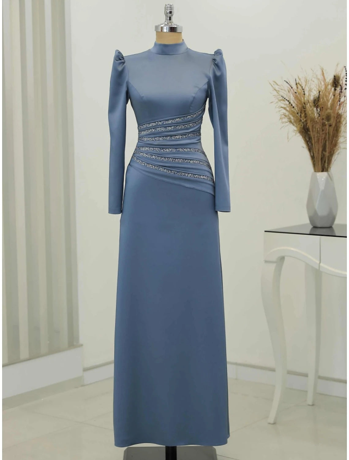 A-Line Evening Gown Christmas Elegant Dress Formal Ankle Length Long Sleeve High Neck Satin with Glitter Ruched