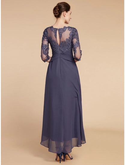 A-Line Mother of the Bride Dress Wedding Guest Elegant Scoop Neck Ankle Length Chiffon Lace 3/4 Length Sleeve with Ruching Solid Color