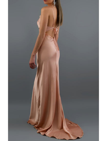 Sheath / Column Bridesmaid Dress V Neck / Spaghetti Strap Sleeveless Beautiful Back Sweep / Brush Train Charmeuse with Bandage