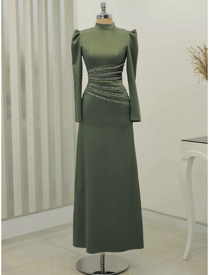 A-Line Evening Gown Christmas Elegant Dress Formal Ankle Length Long Sleeve High Neck Satin with Glitter Ruched