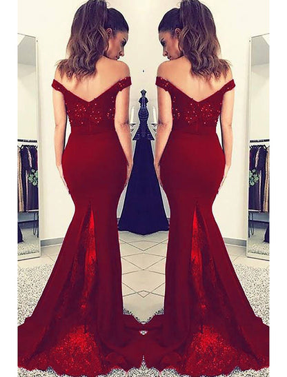 Mermaid / Trumpet Prom Dresses Sexy Dress Formal Prom Court Train Sleeveless Off Shoulder Stretch Fabric V Back with Beading Appliques