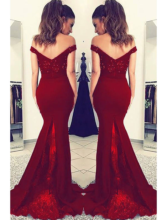 Mermaid / Trumpet Prom Dresses Sexy Dress Formal Prom Court Train Sleeveless Off Shoulder Stretch Fabric V Back with Beading Appliques