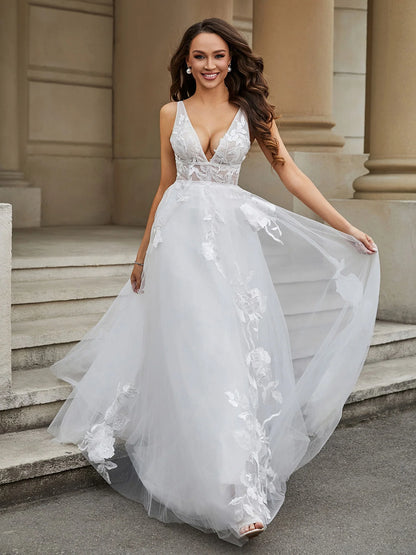 Wedding Dress Deep V Neck Sexy Personality Lace Appliqued Tulle Dress