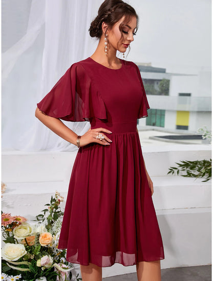 A-Line Wedding Guest Dresses Elegant Dress Holiday Graduation Knee Length Short Sleeve Jewel Neck Chiffon with Pleats Ruffles