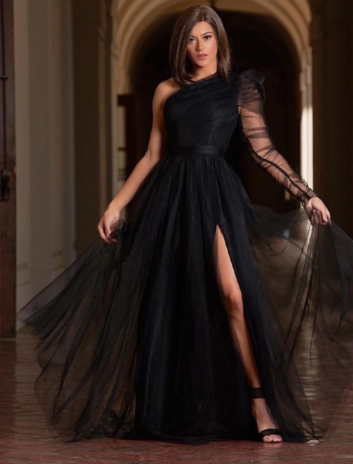 A-Line Prom Dresses Plus Size Dress Wedding Guest Formal Evening Sweep / Brush Train Long Sleeve One Shoulder Wednesday Addams Family Tulle with Slit Pure Color