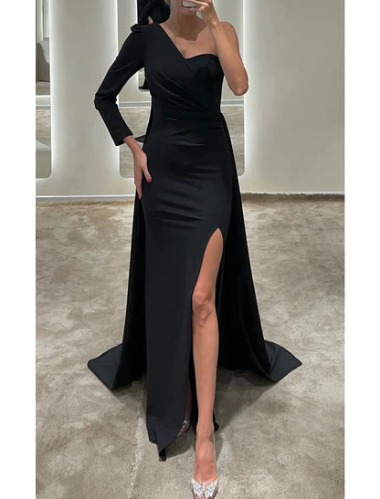 Mermaid / Trumpet Evening Gown Elegant Dress Formal Christmas Floor Length Long Sleeve One Shoulder Fall Wedding Guest Stretch Fabric with Ruched Slit