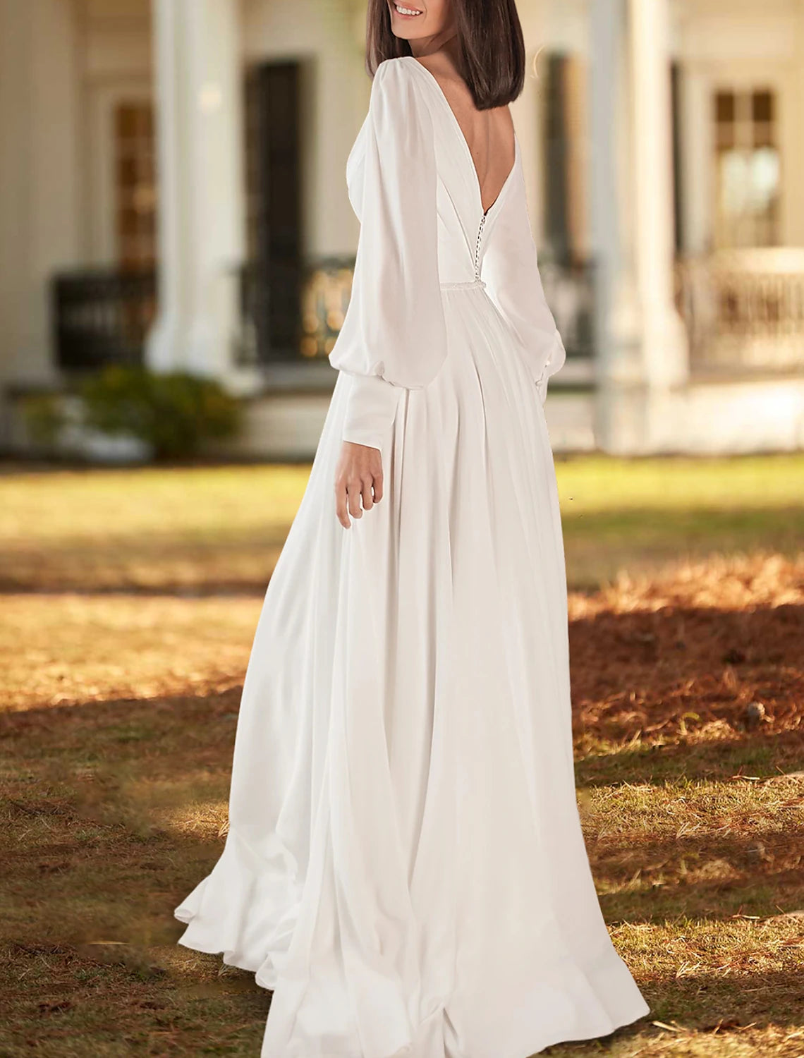 Casual Wedding Dresses A-Line V Neck Long Sleeve Sweep / Brush Train Chiffon Bridal Gowns With Pleats