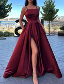 A-Line Evening Gown Sexy Dress Wedding Guest Prom Sweep / Brush Train Sleeveless Spaghetti Strap Satin with Slit Pure Color