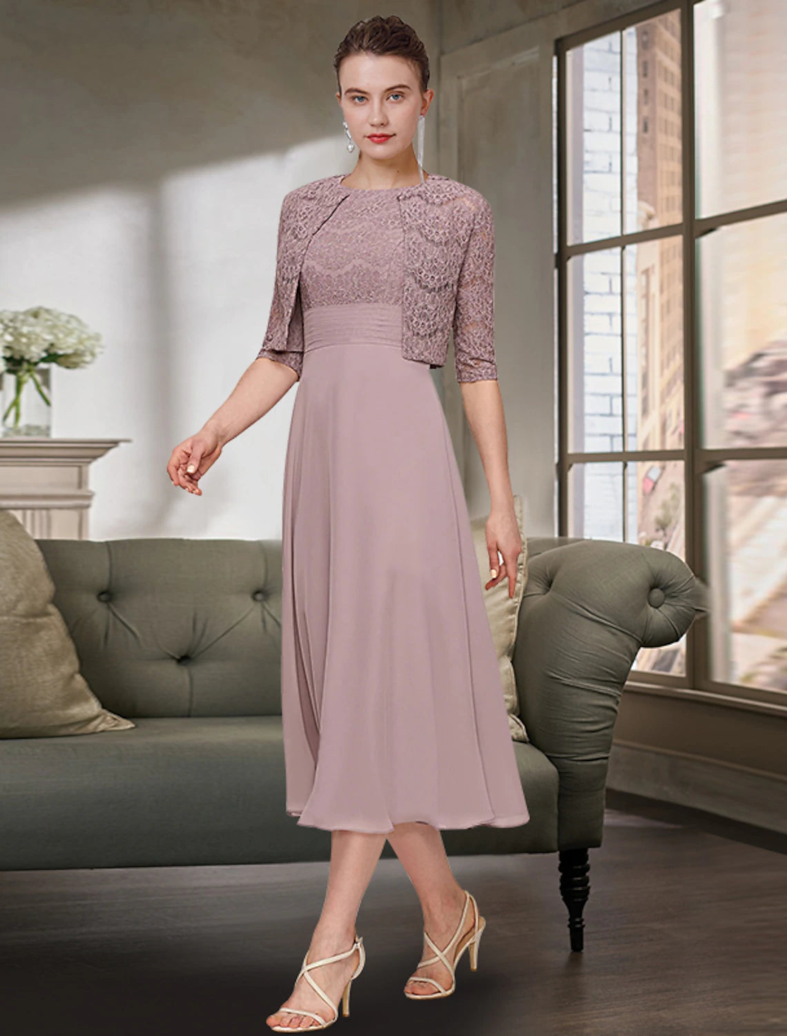 Two Piece Mother of the Bride Dress Wedding Guest Elegant Jewel Neck Tea Length Chiffon Lace Half Sleeve with Solid Color