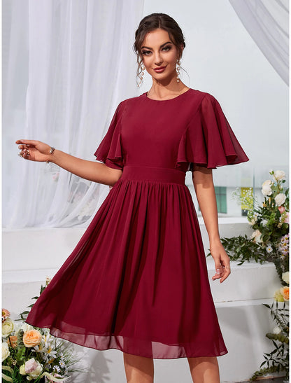 A-Line Wedding Guest Dresses Elegant Dress Holiday Graduation Knee Length Short Sleeve Jewel Neck Chiffon with Pleats Ruffles