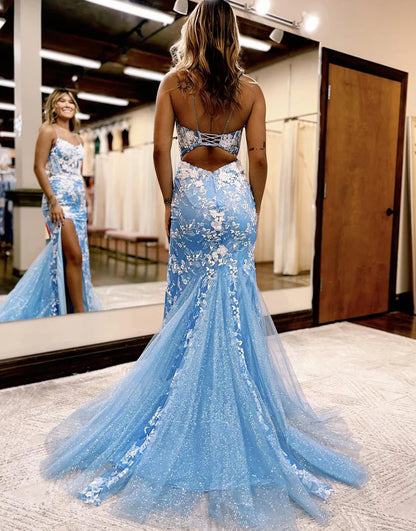 Prom Dress Mermaid Spaghetti Straps Lace Tulle with Slit