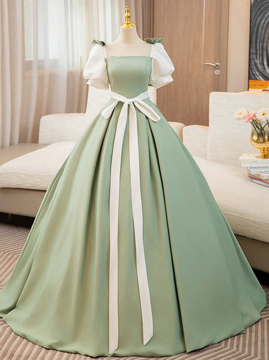 A-line  Prom Dress Puff Sleeves Satin Color Blocking Long Lace up Fresh lovely Dress