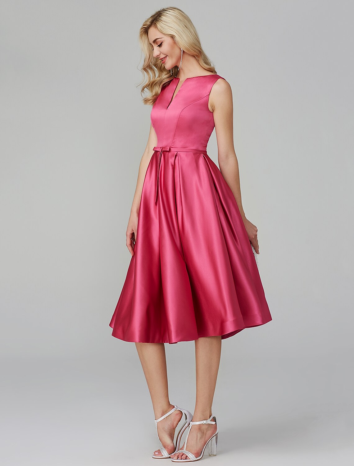 A-Line Party Dress Wedding Guest Cocktail Party Knee Length Sleeveless V Wire Pink Dress Satin with Sash / Ribbon